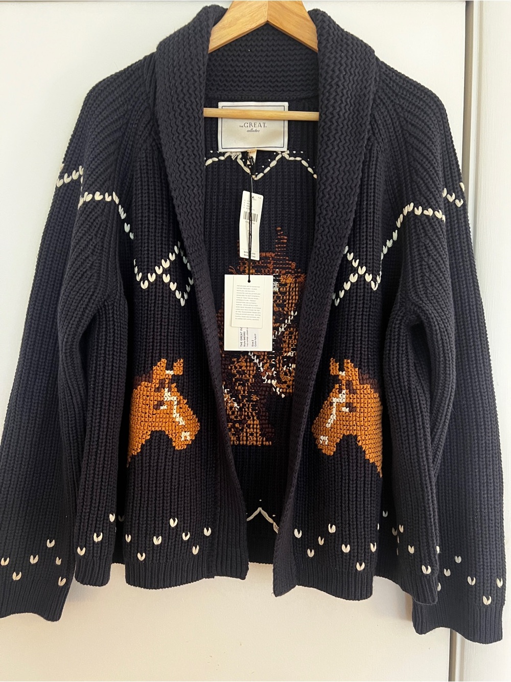 THE GREAT. Navy Lodge Horse Cardigan - Picture 3 of 4